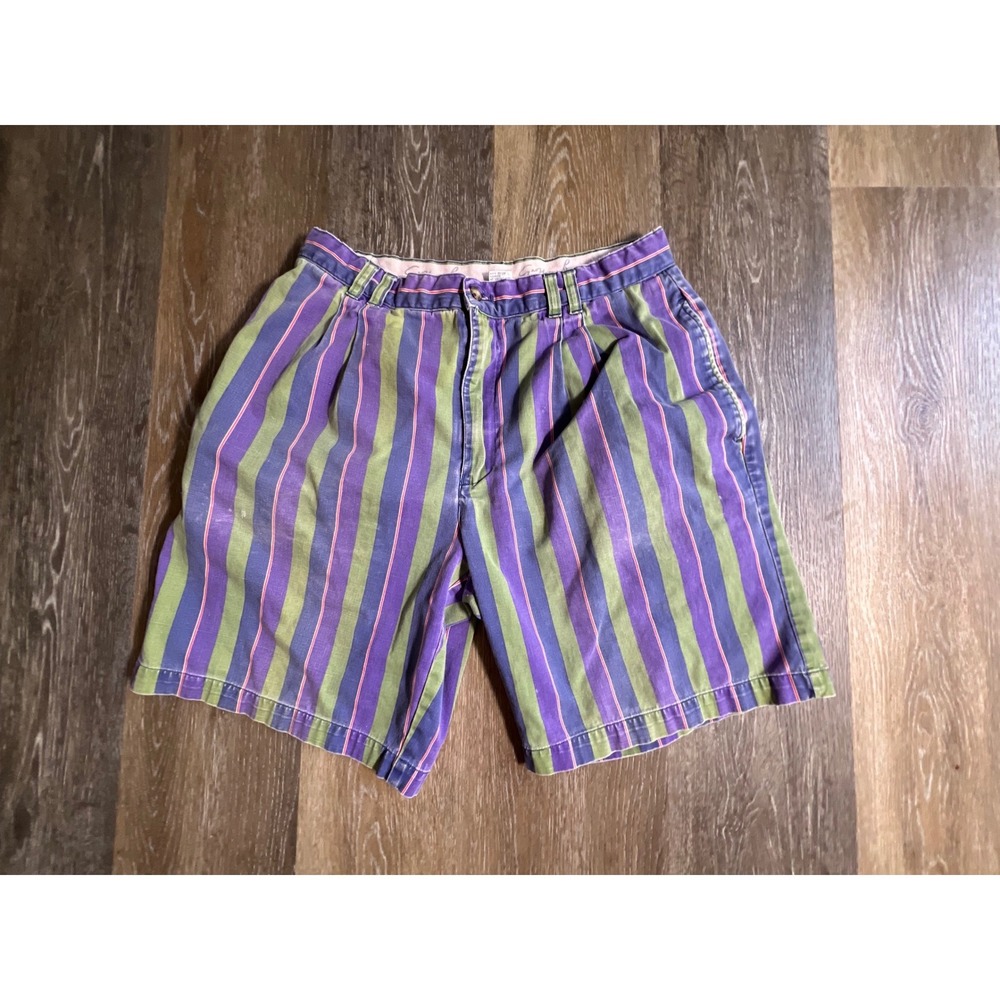 Geoffrey Beene Shorts Mens 33 Purple Green Striped Good Pleated Cotton Vintage